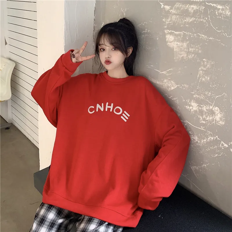 

Letter Embroidery Autumn Hoodies Women Oversized Sweatshirts Streetwear Korean Loose with Velvet Harajuku Pullovers Warm X752