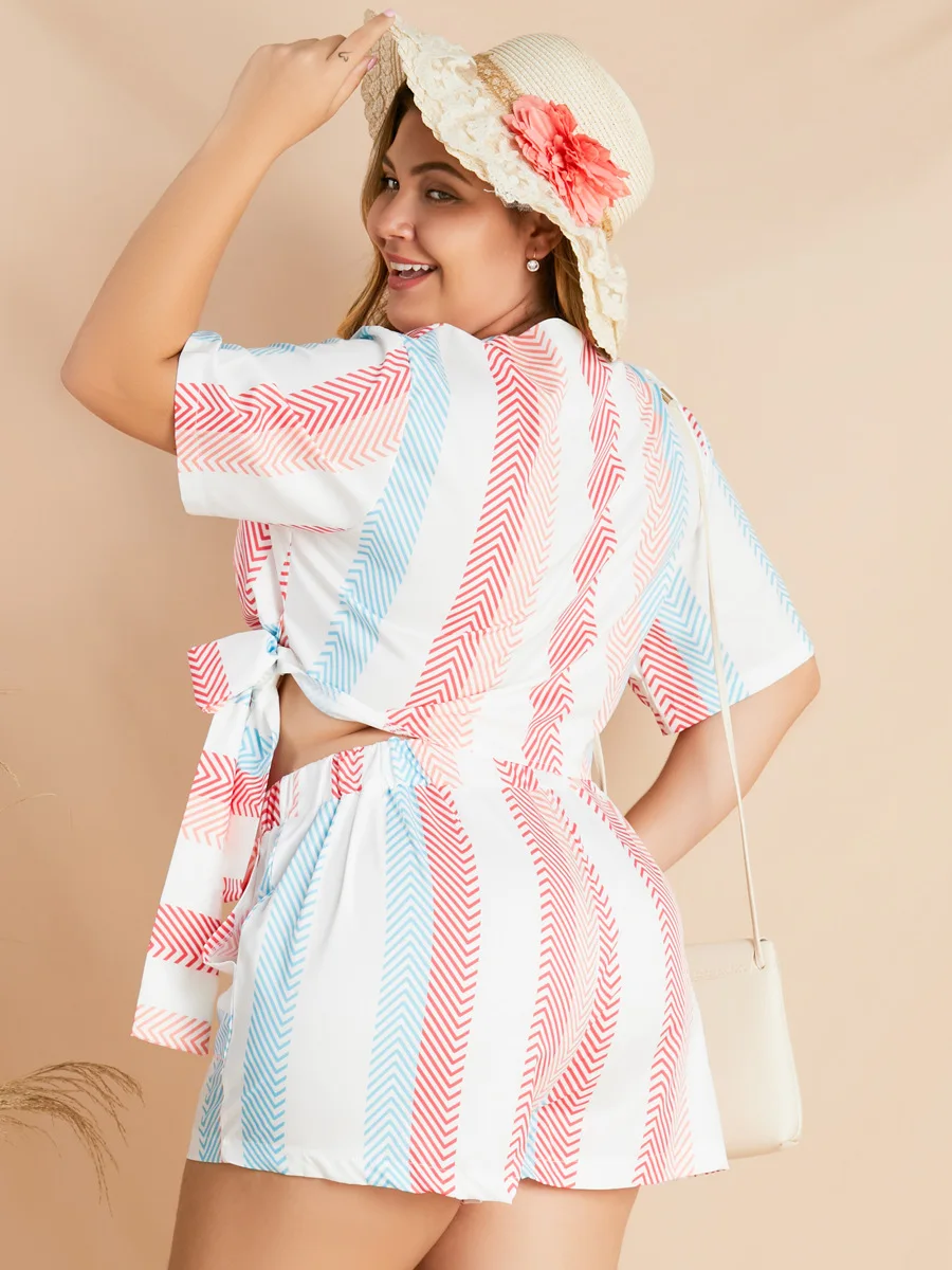 

New Arrivals Women 2021 Summer Casual Two Piece Sets Plus Size Deep V-Neck Lace-up Tops Mini Shorts Striped Printing Outfits