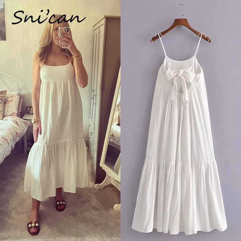 

Sncian White Bow Backless Strap Dress Sexy Fashion Summer Casual Long Dresses Female Robes Za Women 2021 Vestidos Largos Femme