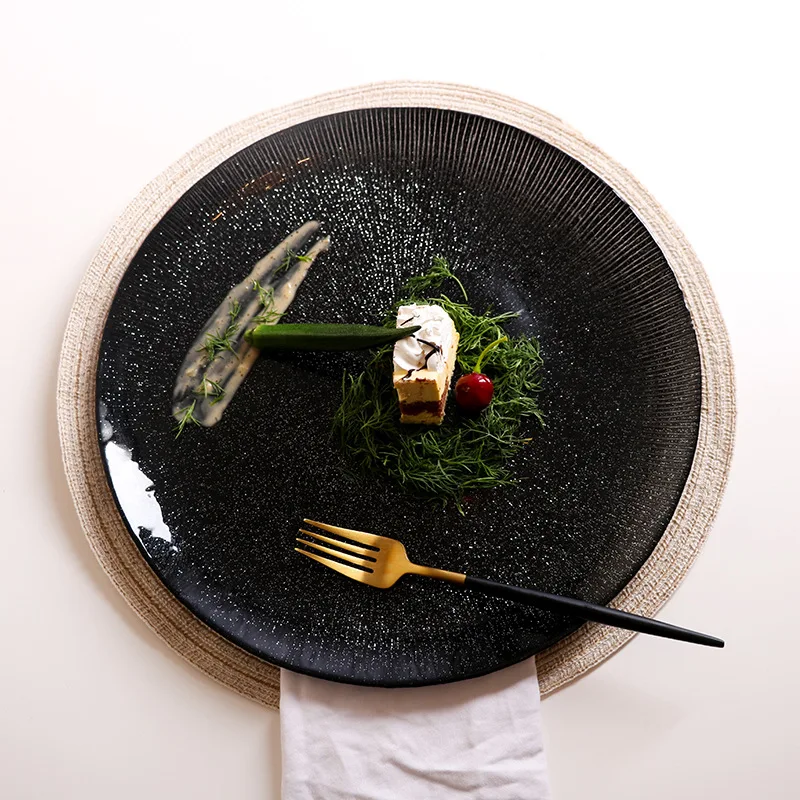 

New Creative Plate Black Round Glass Plate Nordic Style Home Steak Western Food Pad Ins Tableware Dinner Plates Dishes Set