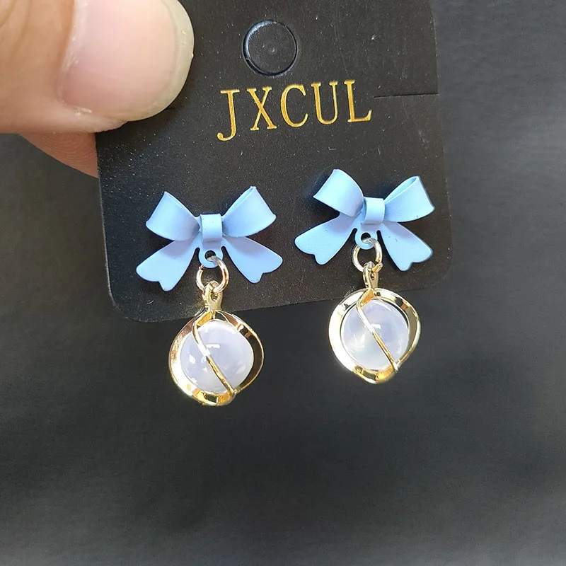 Новые Волшебные круглые серьги с опалом свежие синие бантом милые для девочек