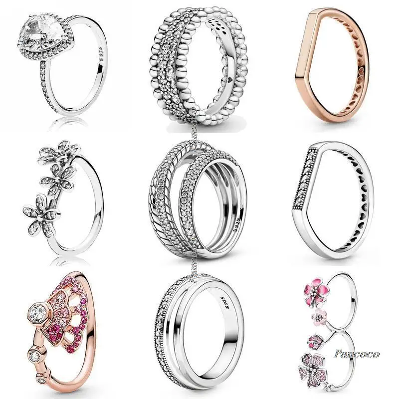 

Original 925 Sterling Silver Bar Stacking Signature Triple Beaded Pave Band Radiant Teardrop Pink Fan For Women Pandora Jewelry