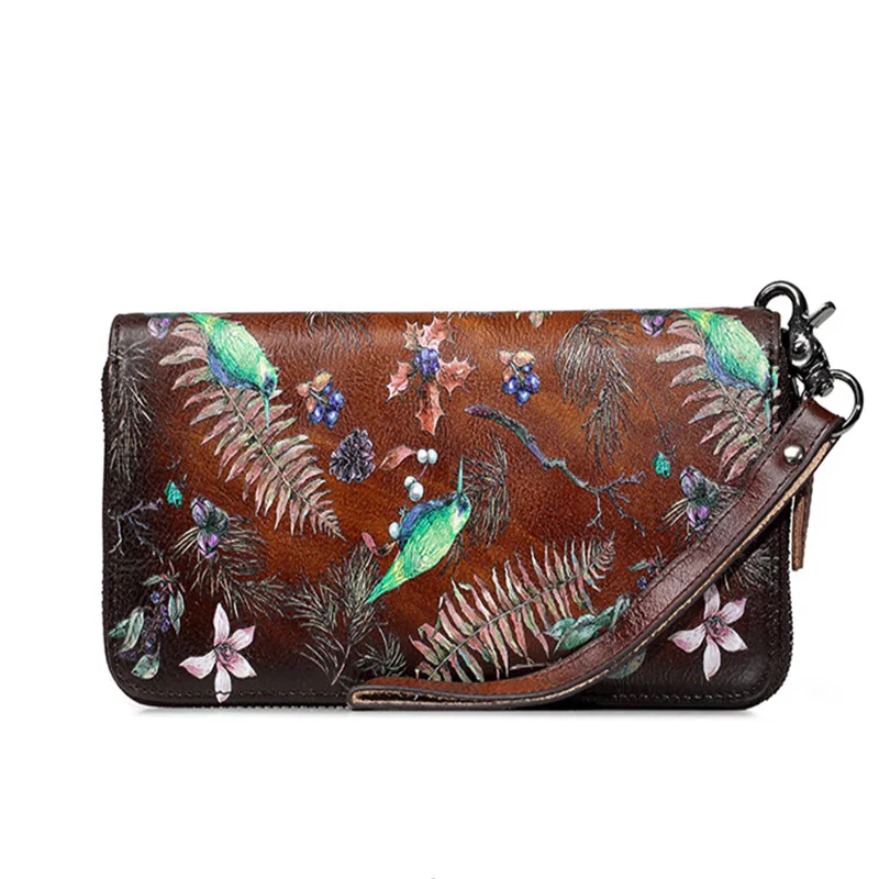 

Genuine Leather Wallets ID Credit Cards Long Wrist Bags Printing Clutch Zipper Bag Vintage Pocket Women Cash Clips Female Purse