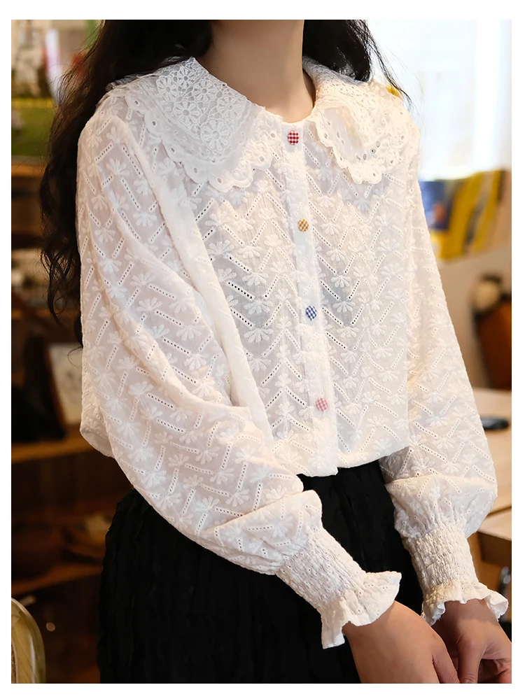 

Lamtrip Unique Colorful Button Full Floral Embroidery Layers Peter Pan Collar Long Sleeve White Cotton Shirt Blouse 2021 Spring