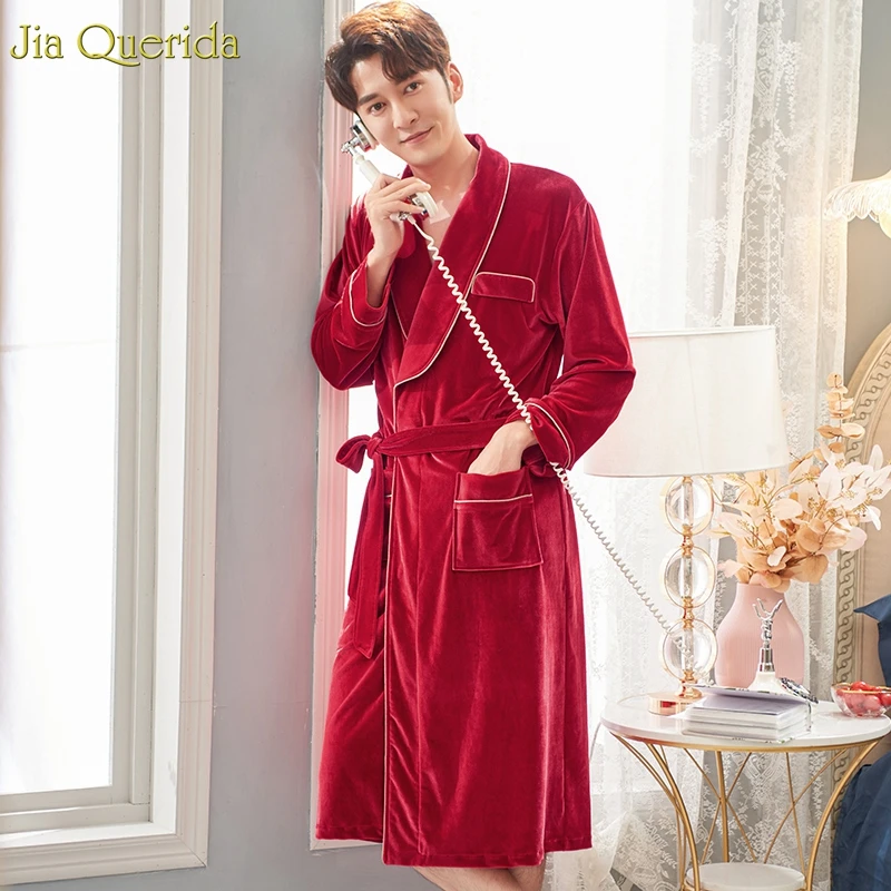 Robe for Men Velvet Winter Bathrobe Quality Soft Mens Kimono Red Chinese Wedding Warm Home Gown Bath New | Мужская одежда