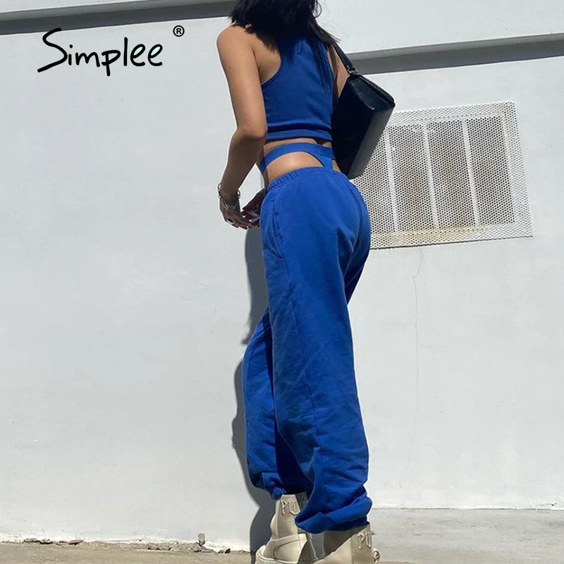 

Simplee Sexy sleeveless vest hollow out sports suit Solid causal pants suits High waist streetwear tracksuit 2021 new fashion
