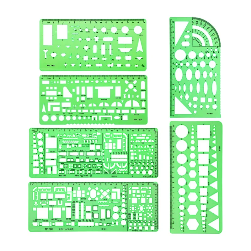 

PPYY-6 Pieces Plastic Measuring Templates Building Formwork Stencils Geometric Drawing Rulers for Office and School,Green