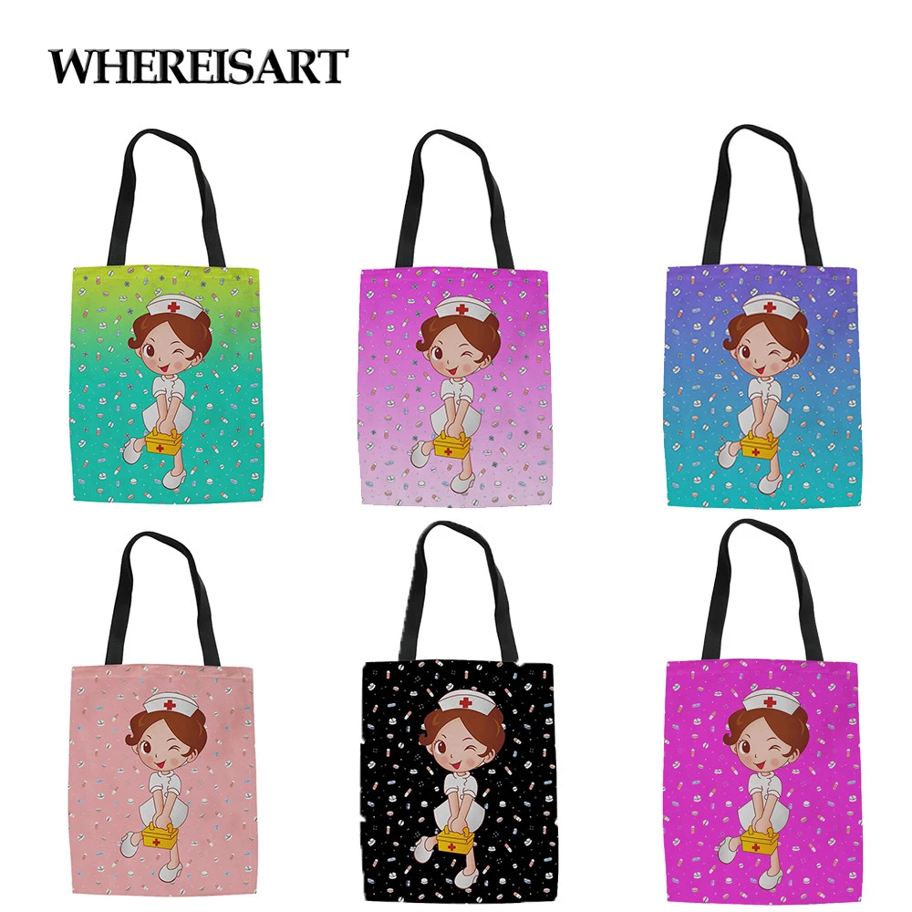 

WHEREISART Eco Friendly Women Shopping Bag Cute Nurse Girls Print Ladies Canvas Totes Bag Large Capacity Handbag Foldable Sac