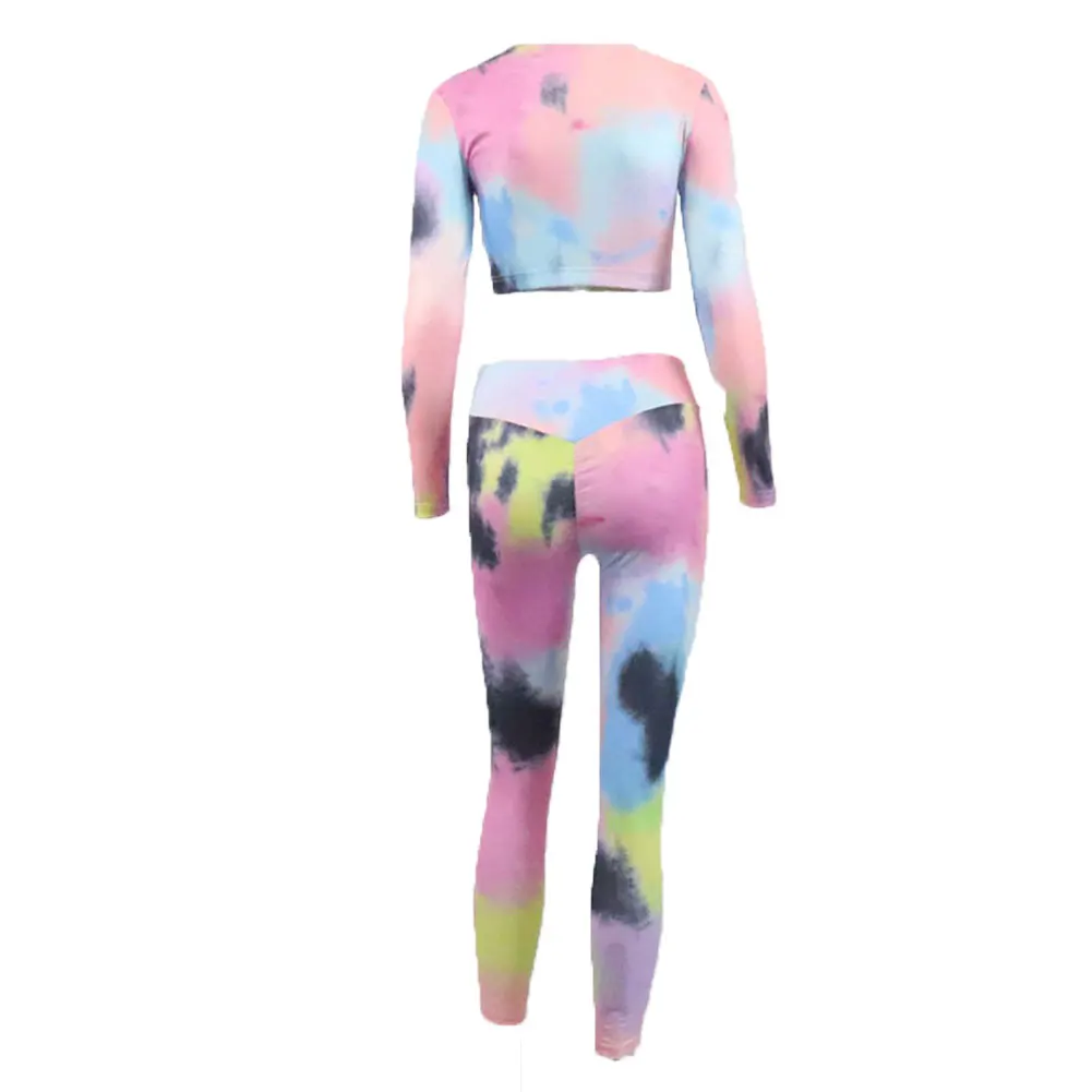 

Women 2 Pieces Tracksuit Set Casual Tie Dye Print Zip Front Crop Top + Long Pants Set