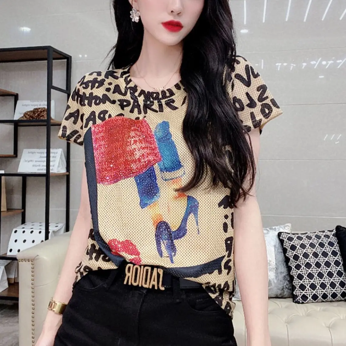 

T-shirt Women's 2021 New Retro Diamond Alphabet Ice Silk Short Sleeve Versatile Temperament Slim Fit Quick Drying Top