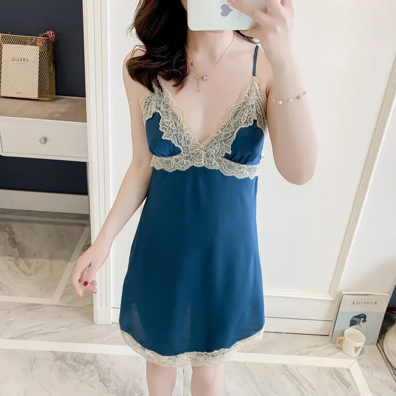 Ночная сорочка женская с шелковым принтом пикантная кружевная рубашка для сна