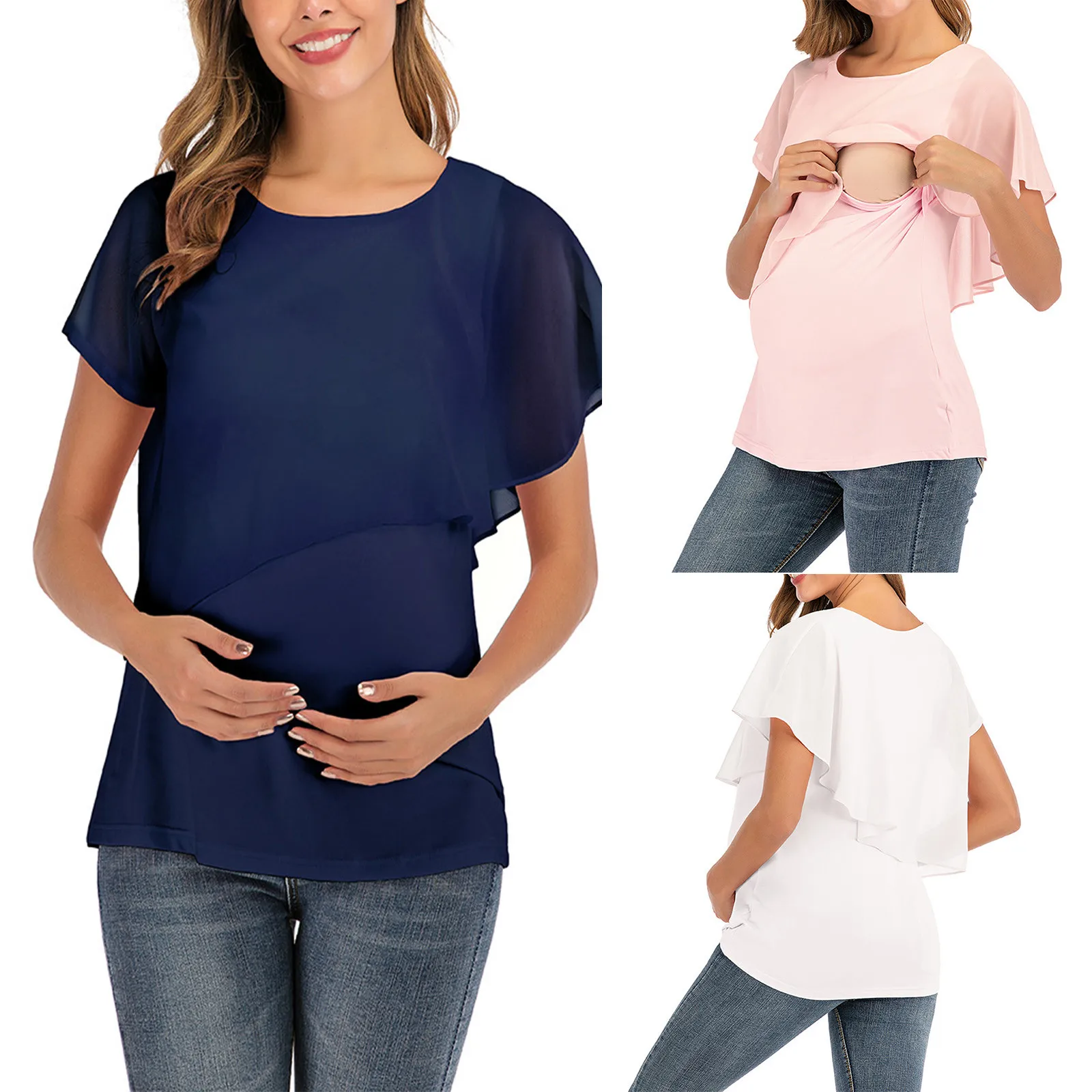 

Women Maternity T-shirts Clothes Round Neck Short Sleeve Nursing Tops Pregnancy Ruffle Breastfeeding Clothes Lady Pregnant Tees