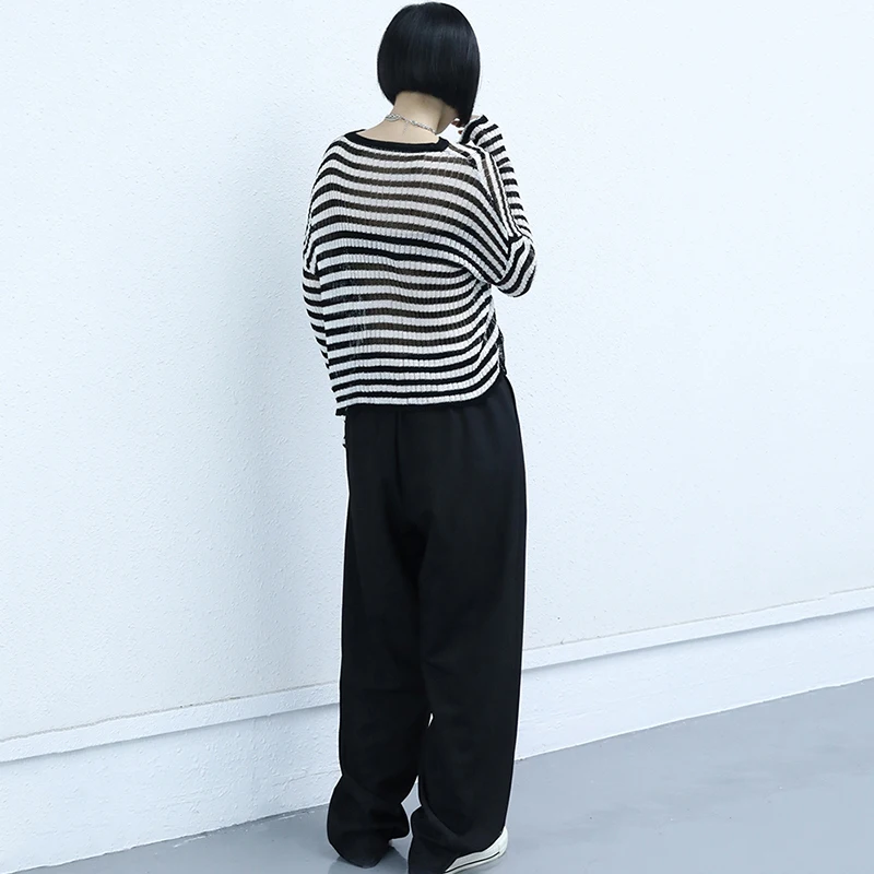 

[EAM] Women Black Striped Knitting Thin Casual T-shirt New Round Neck Long Sleeve Fashion Tide Spring Autumn 2021 1DE1564