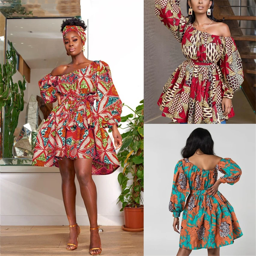 Новинка 2020 модные африканские платья для женщин летние Дашики с наклонным плечом