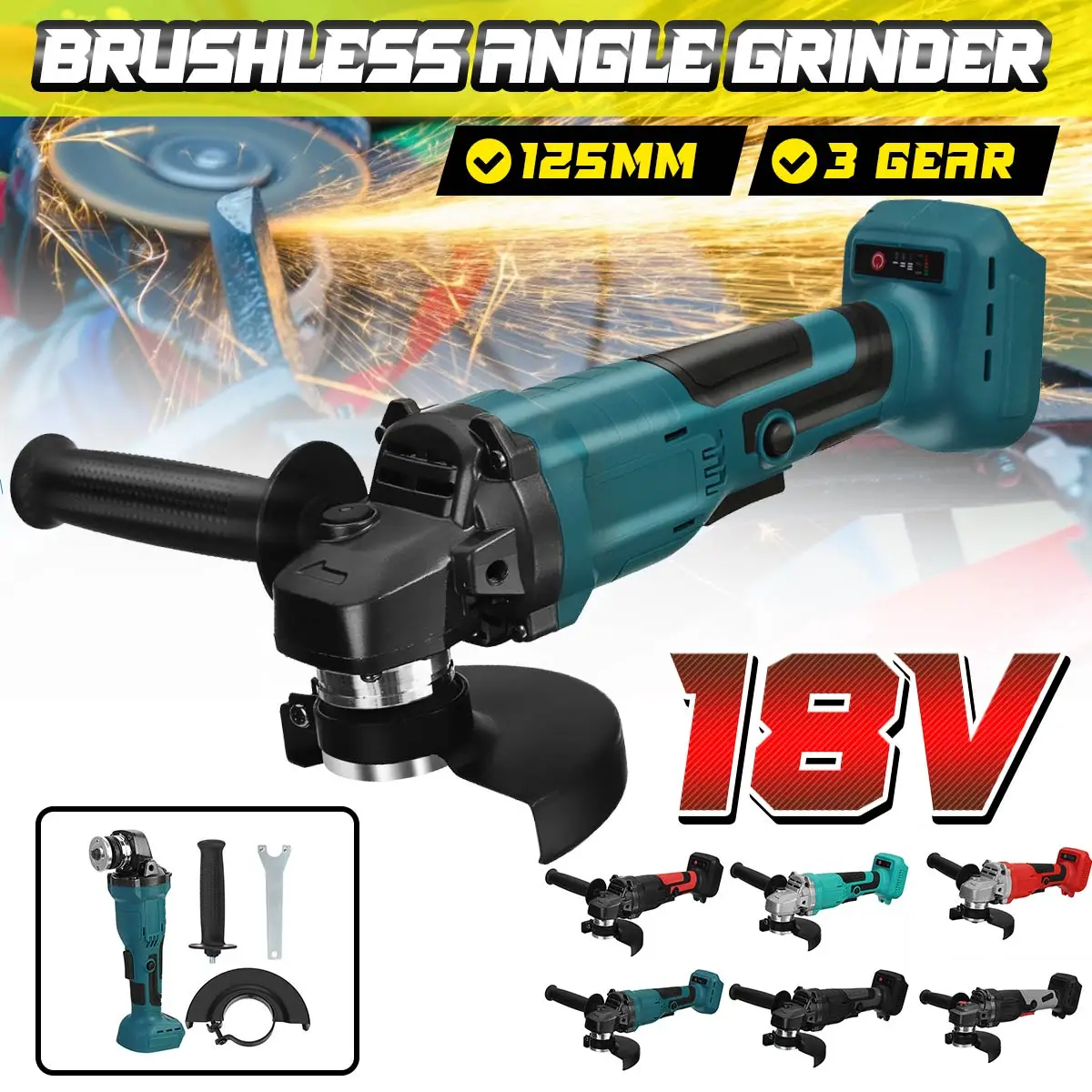 

125mm 3 Speed Brushless Electric Angle Grinder Grinding Machine Cordless DIY Woodworking Power Tool For 18V Makita Battery