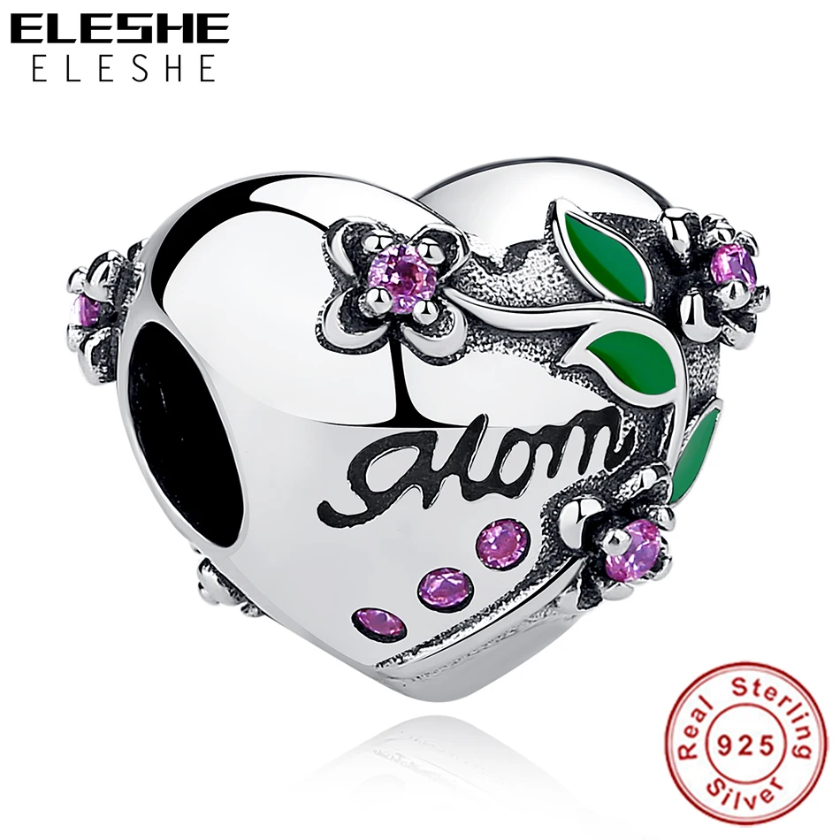 

ELESHE Genuine 925 Sterling Silver Heart Mama Bead With Crystal Flower Charm Fit Original Bracelet Necklace Women DIY Jewelry