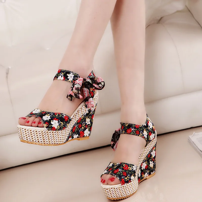 

Lace Denim Women's Clogs Wedge Luxury Sandals Espadrilles Platform Shoes Lady 2021 Strappy Heels Open Toe All-Match Fashion High