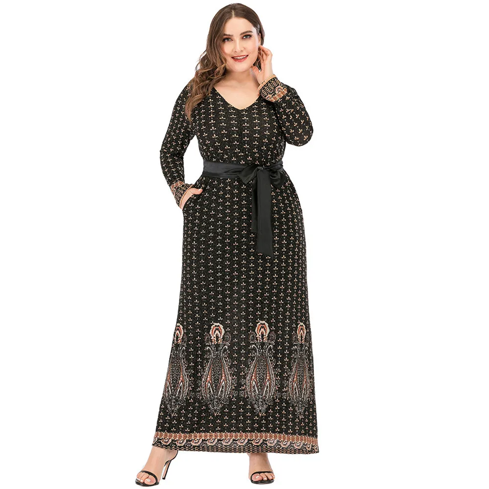 

DOIB Floral Print Dress Women V Neck Full Sleeve Pocket Sashes Long Dress 2020 Autumn Vintage Long Maxi Dress XL-5XL