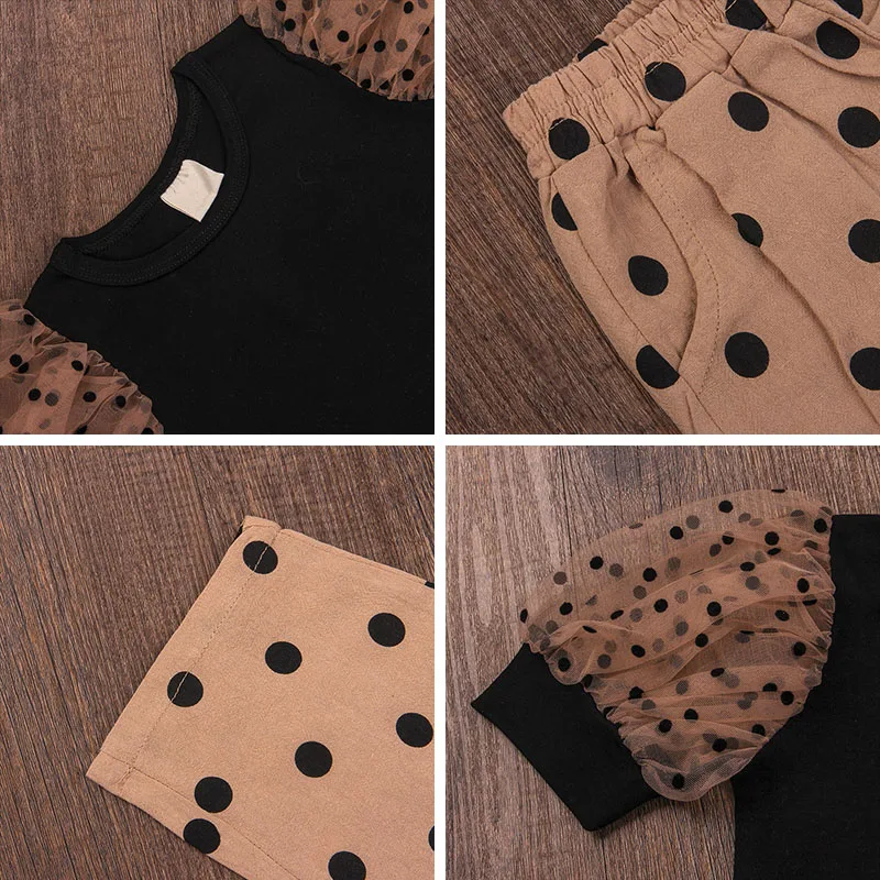 

Girls Princess Clothing Set 2021 New Summer Kids Mesh Patchwork Tops And Dot Pants 2pcs Outfits Baby Girl Holiday Costumes
