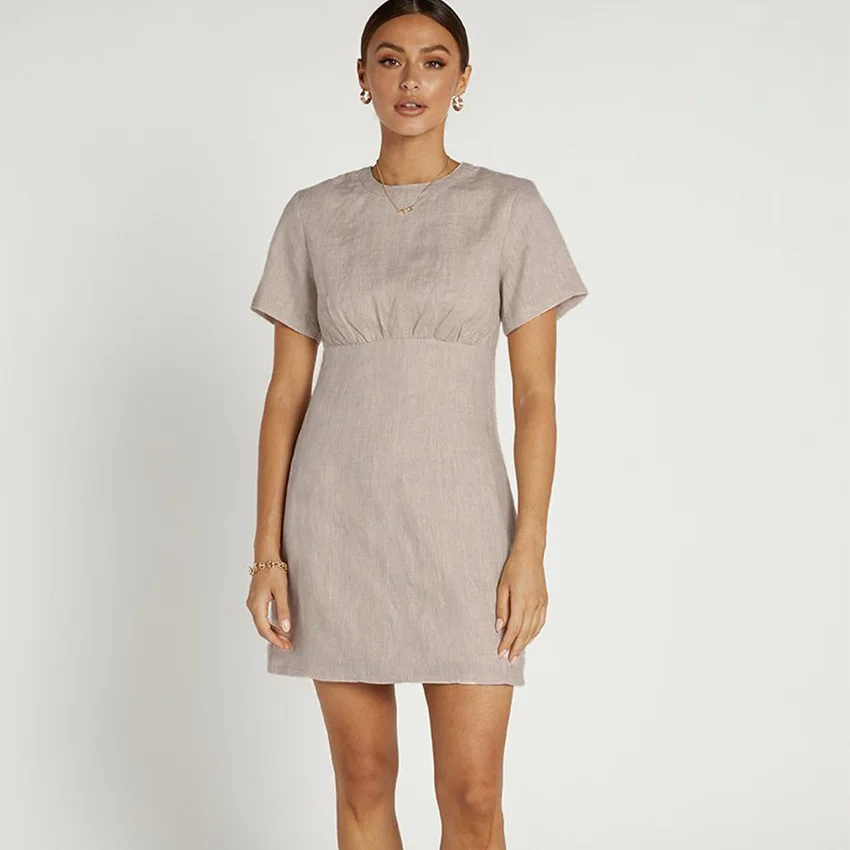 

Внешняя торговля 2021, летнее Новое Стильное простое приталенное однотонное платье из хлопка и льна, женское короткое платье