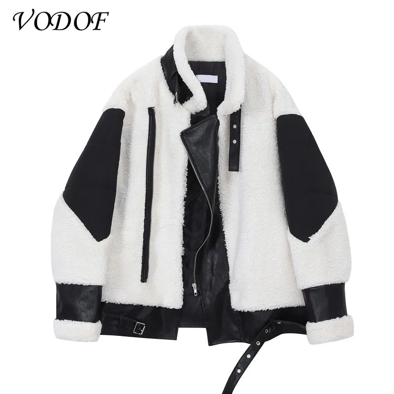 

VODOF 2021 Autumn and Winter Women Turn-down Collar Solid Vintage Female Loose Streetwear Splice Lambswool Jacket