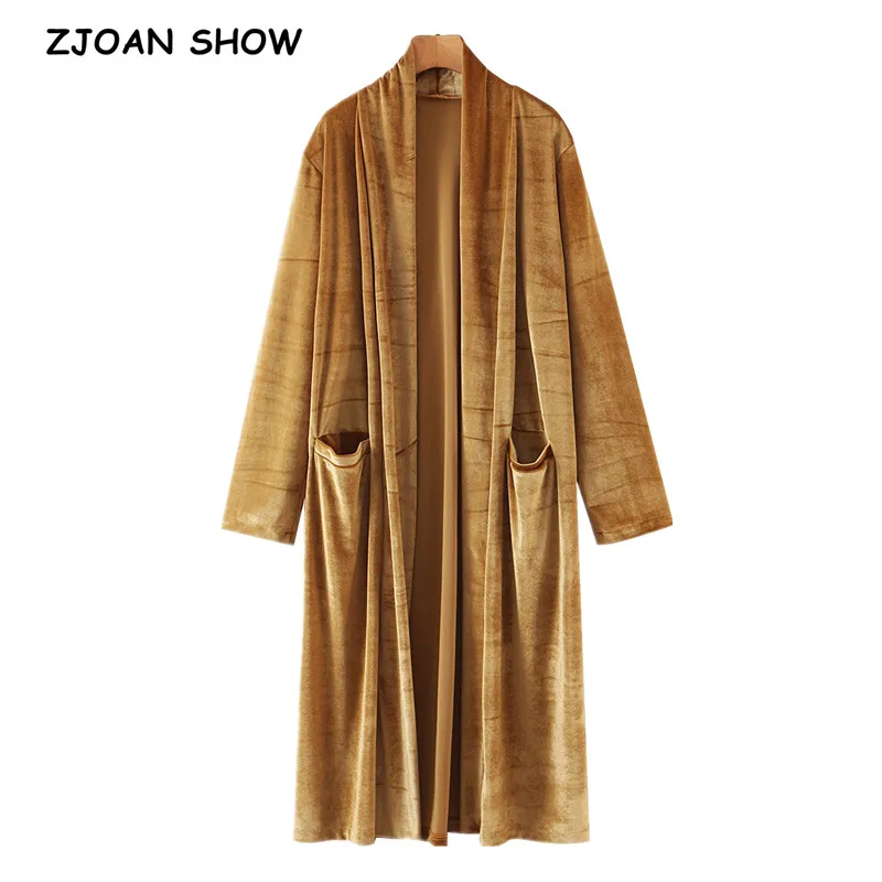 

Женский бархатный кардиган-кимоно, желтая длинная рубашка в богемном стиле с двойными карманами и открытым швом, праздничные топы, 2021