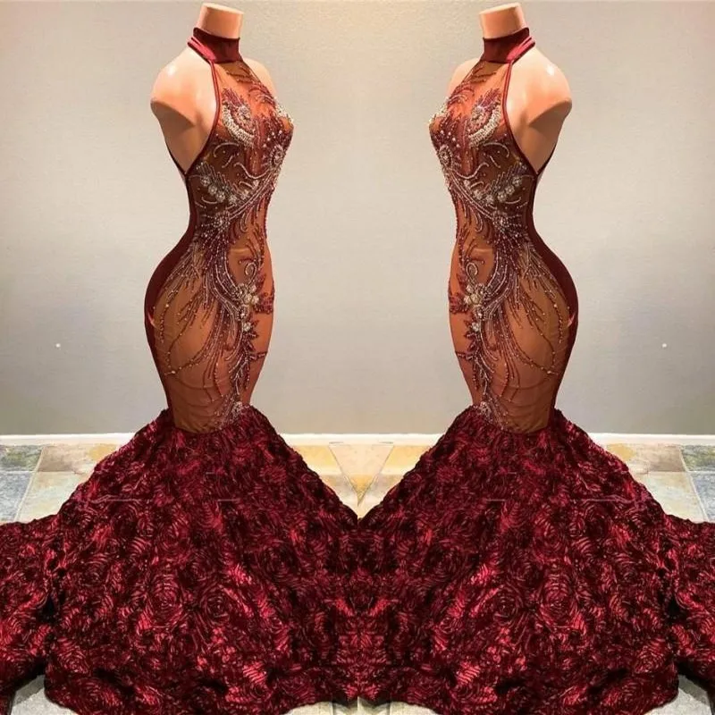 

Stunning Burgundy Mermaid Prom Dresses Long High Neck Beading Crystal Ruffles Flowers Women Sexy Pageant Dress Party Gowns