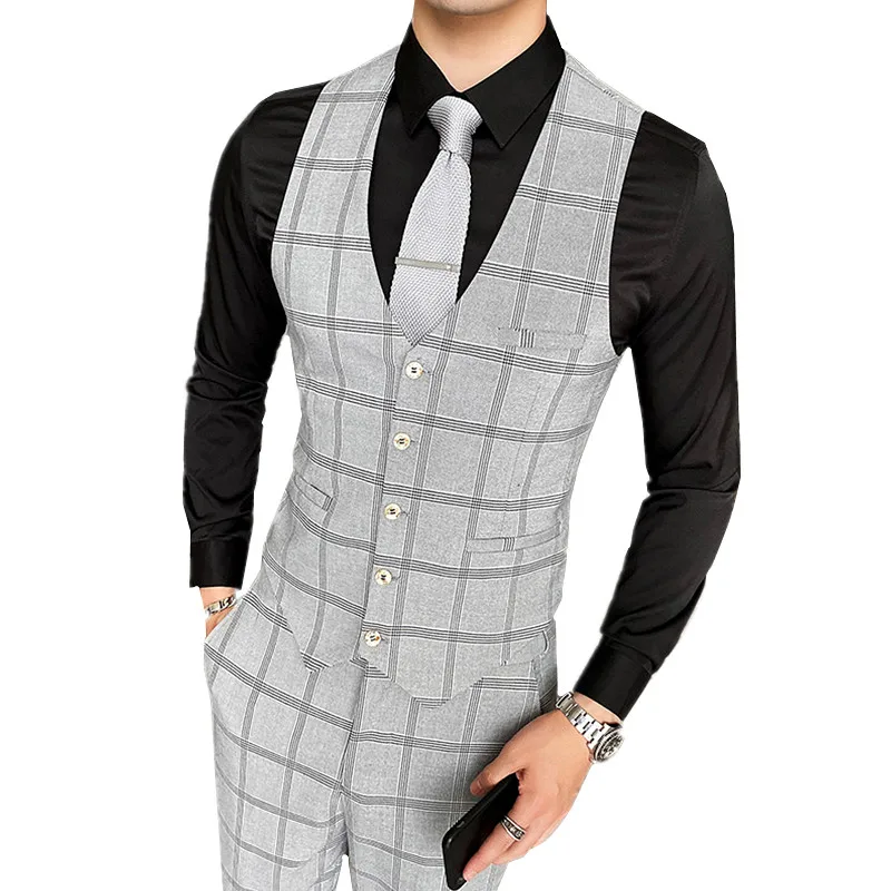 

2021 New Brand Striped Plaid Vest Mens Single-Breasted V-Neck Sleeveless Vest Men Business Wedding Waistcoat Gray Black