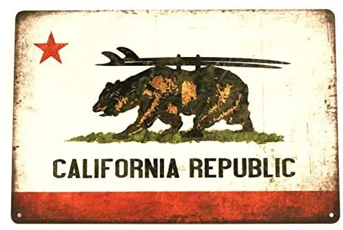 

Tin Sign New California Republic Surfing Bear Flag Poster Retro Street People Cave Farm Wall Decoration Metal Tin Sign 8x12inch