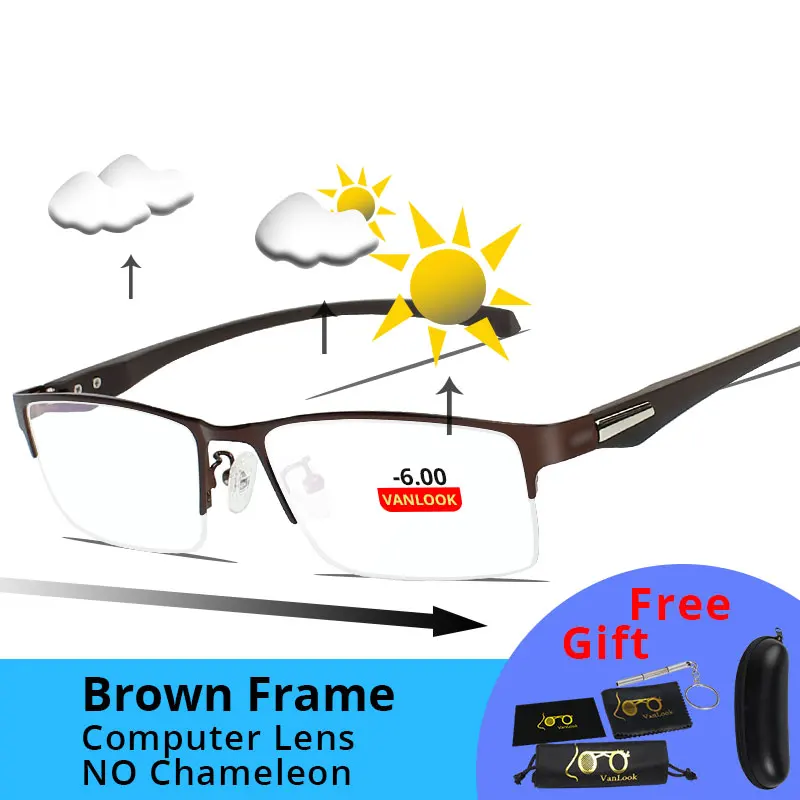 Brown-6.00 Близорукость, мужские компьютерные очки, фотохромные солнцезащитные очки, хамелеон, анти синий луч, игровой прицел по рецепту-1,25-1,75-5-5,5-6,0 - Цвет оправы: Brown-6.00