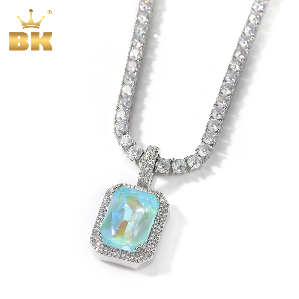 

THE BLING KING Iced Cubic Zirconia Gem Necklace Pendant Pink/Blue/Green/Red Square Gem Pendant Necklace For Men & Women Jewelry