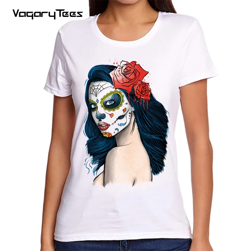 

Женская футболка с черепом и надписью «Day of the Dead La Calavera», Повседневная белая футболка с принтом в виде сахарного черепа, летняя футболка