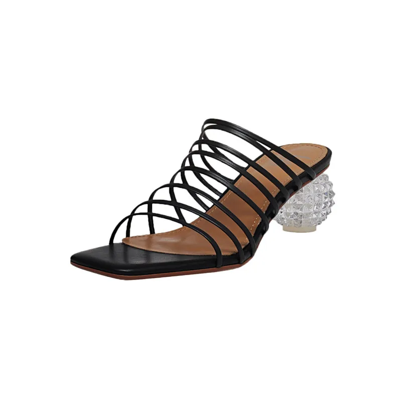 

FOREADA Woman Slippers Square Toe Sandals Real leather High Heels Crystal Strange Style Heel Slippers Narrow Band Lady Shoes 40