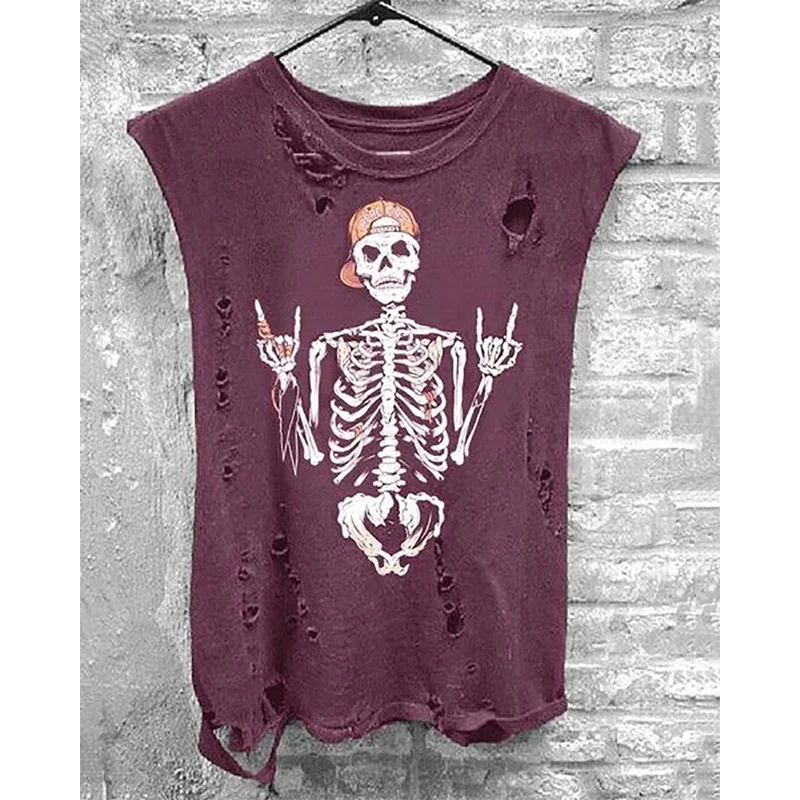 

New Fashion Gothic Punk Tank Tops Skull Print Sleeveless T-shirts Workout Fitness Hollow Casual Tees Plus Size