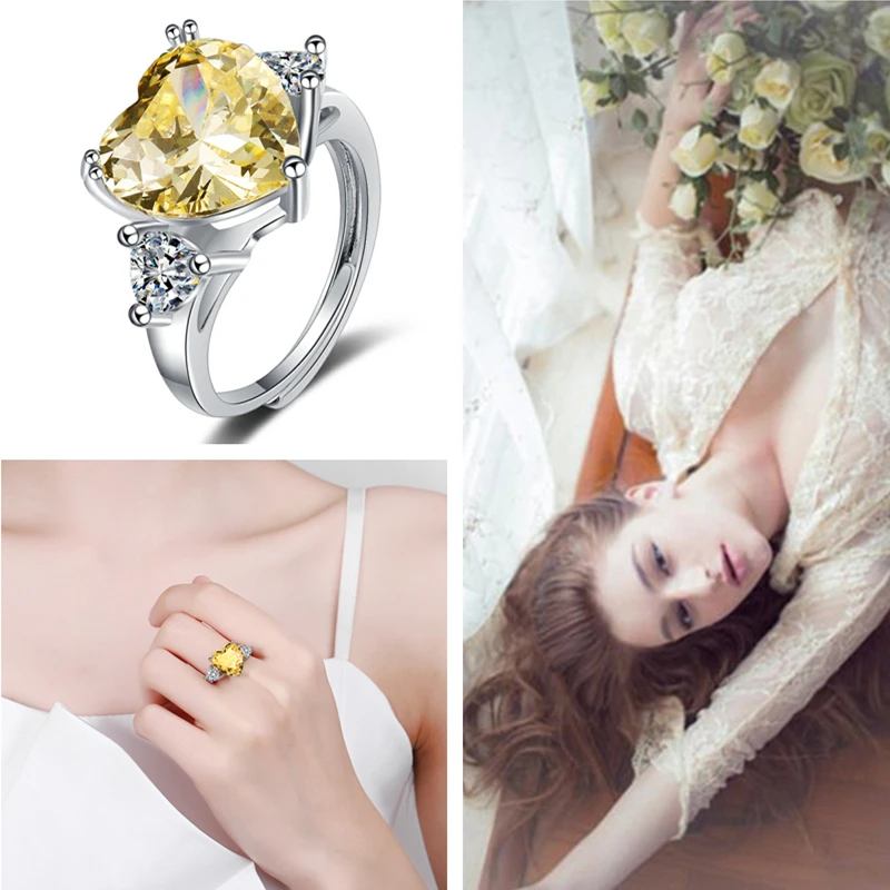 

Trendy 925 Sterling Silver Ring Women Jewelry Shiny New Arrival Yellow Crystal Heart Ring For Girlfriend Anniversary Present