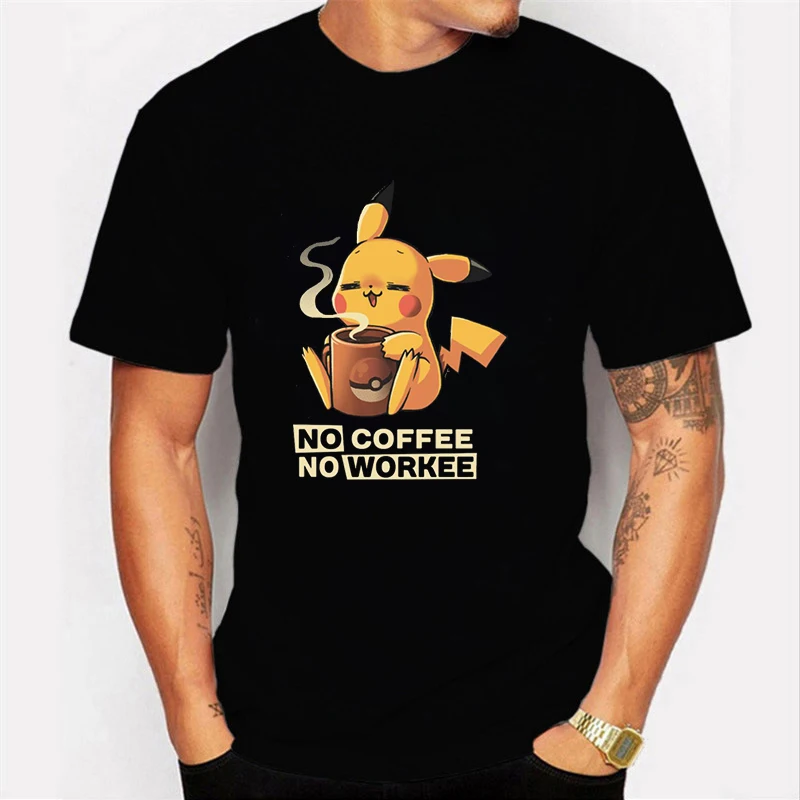 Футболка NO COFFEE NO WORKEE, футболка с Пикачу, Покемон-пика, мужские футболки с круглым вырезом, Забавные футболки, мужские футболки с покемоном-Пикачу