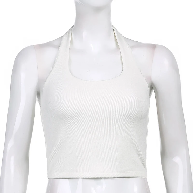 

Waatfaak Solid White Halter Casual Tank Top Women Slim Fitness Backless Vest Slim Basic Black Crop Top Summer Ribbed Knitted