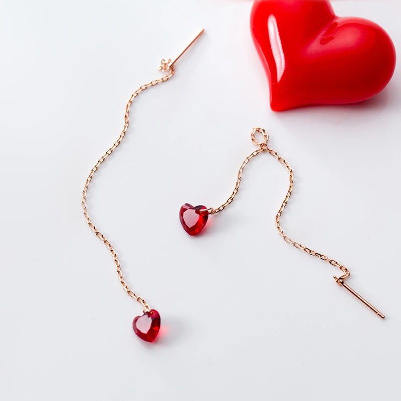 100% 925 Sterling Silver Red Zircon Heart Long Dangle Drop CZ Earrings Rose Gold Color Ear Threaderes Earings for Women | Украшения и