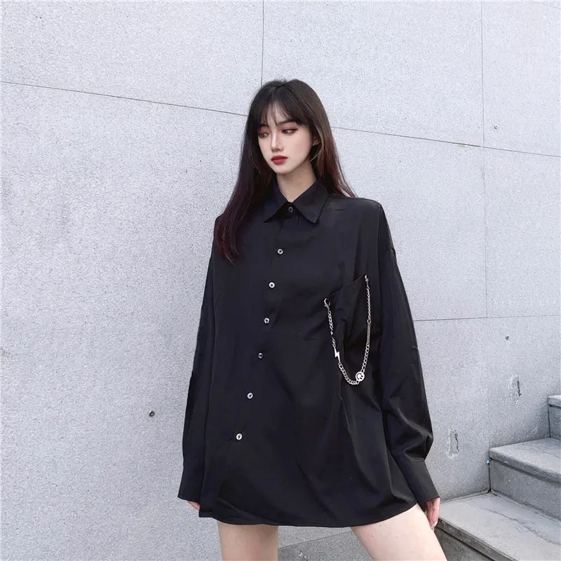 

INS Retro Oblique Placket All-Matching Women's Spring and Autumn 2021 New Loose Black Long Sleeve Shirt Coat Fashion
