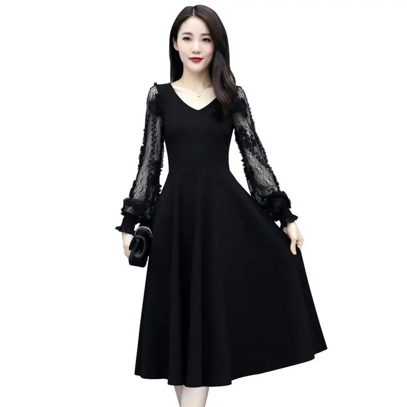 

New Large Size Dress Midi Lace Long-Sleeved Dress Woman Dress Vestido De Mujer Femme Robe