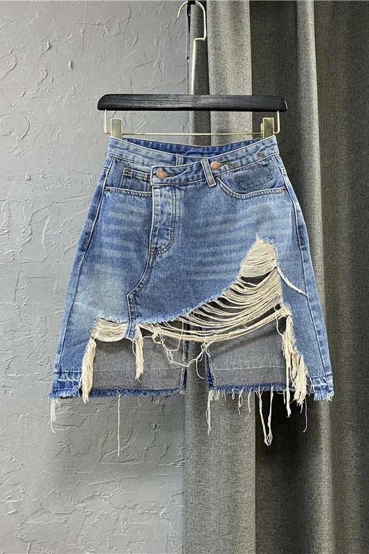 

2021 Summer New High Waist Raw Hem a-Line Short Skirt Ladies Dark Blue Tassel Ripped Irregular Denim Skirt for Female