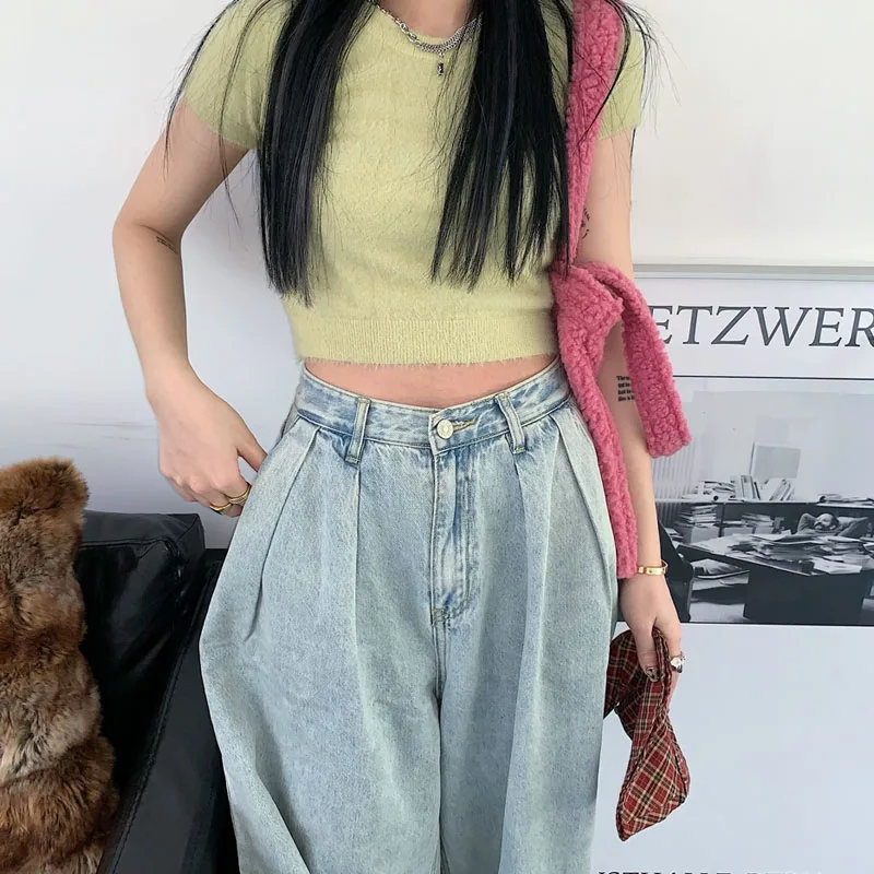 

Casual Crop Sweater 2021 Spring Autumn Slim Korean Short Sleeve Jumper Knitwear Sexy Fashion Women Sweaters And Pullovers