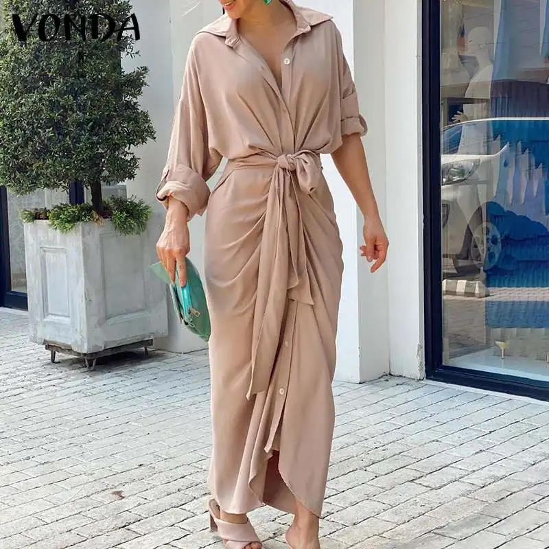

2022 вечернее платье-рубашка VONDA, повседневные однотонные плиссированные платья на пуговицах, женские осенние повседневные платья с воротник...