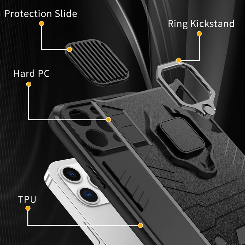 Camera Protection Armor Phone Case For iPhone 13 14 Pro Max 12 11 XR XS Max 7 8 Plus 13 Shockproof Bumper Ring Holder Back Cover