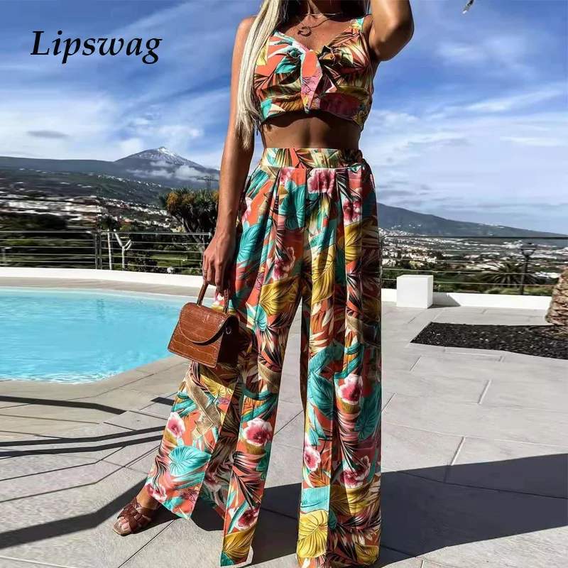 

Sexy Print Bandeau Hollow Out Crop Tops+Slit Wide Leg Pants Suits Fashion Loose Women Two Piece Sets Casual Summer Lady Outfits