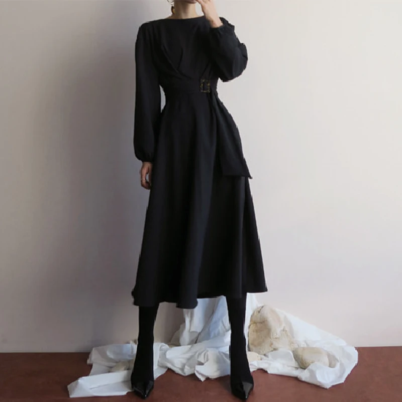 

Vintage Solid O-neck A-line Dresses Women Simple Long Dress Mid-length Female Fashion Ladie Vestidos Tide Spring Spring Korean