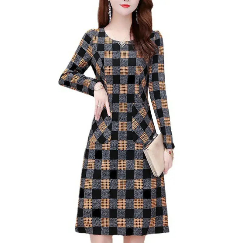 

Women Plaid Long Sleeve A-Line Dress Party Cocktail Slim Fit Midi Dresses
