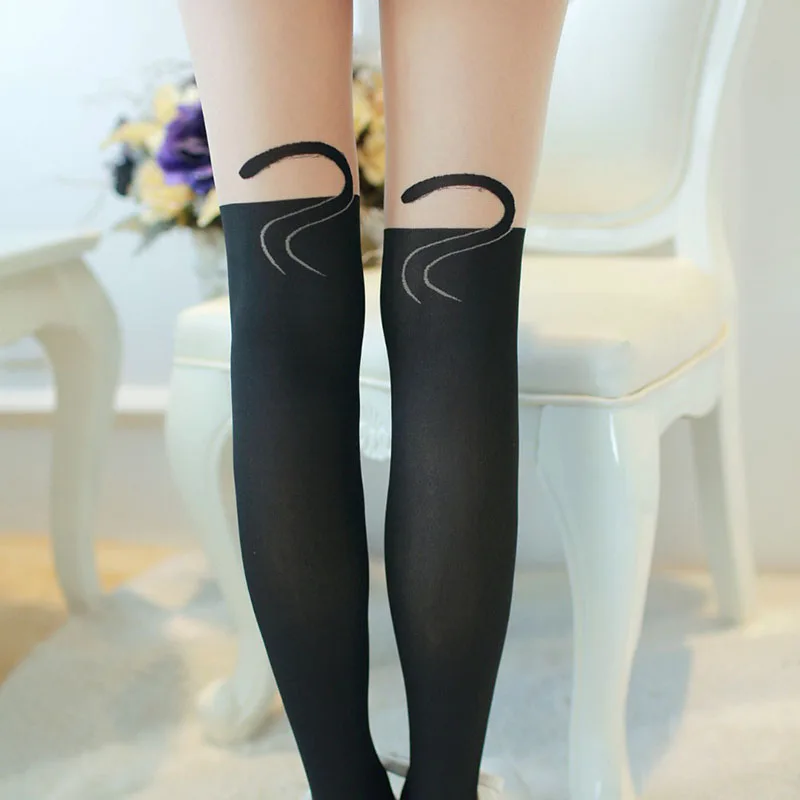 Модные новые колготки для женщин пикантные принтом кошачьего хвоста и чулки до