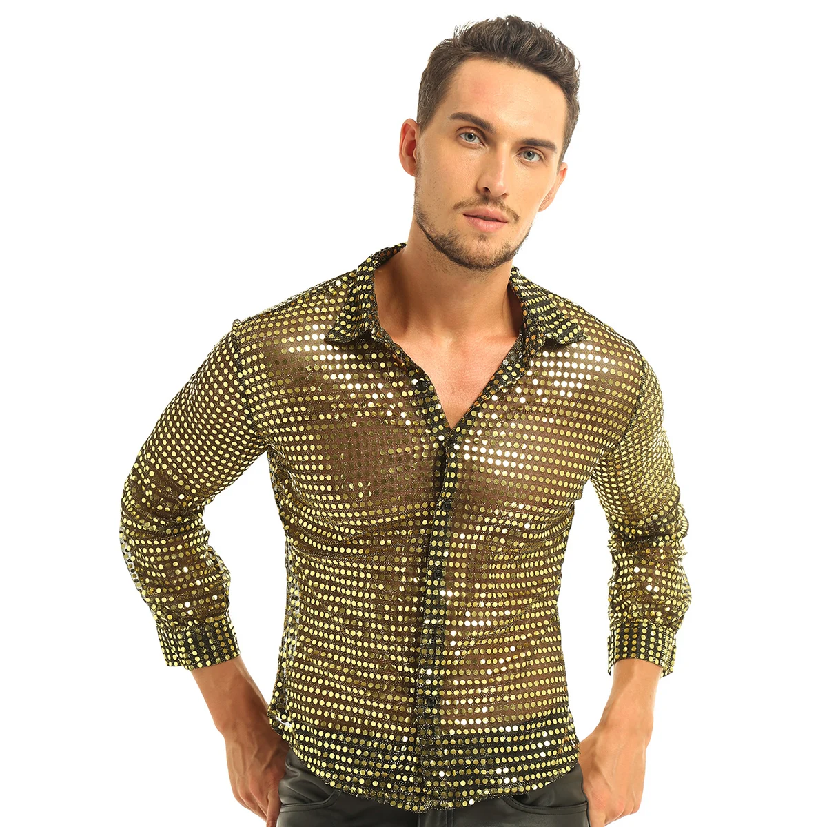 Новая мужская модная танцевальная рубашка блестящая Прозрачная сетка с длинным