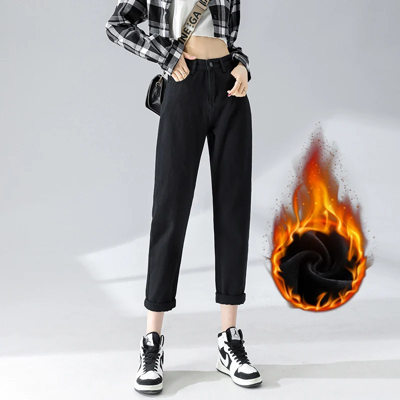 

Winter Thick Plus Velvet Women High WaistStretch Straight Jeans Casual Baggy Boyfriend Pants Mom Trousers
